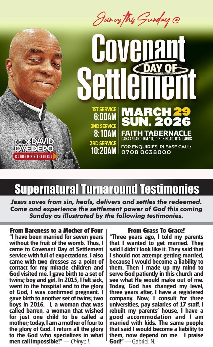 EACHDAYONLINE's tweet photo. Next Sunday @ft_canaanland is our Covenant Day of Settlement with #BishopDavidOyedepo. You're cordially invited. #OpenDoors2026 #eachdayonline https://t.co/DiS04mvtQq