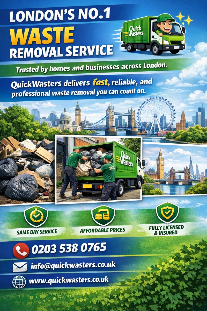 Quickwasters1's tweet image. LONDON’S NO.1 WASTE REMOVAL SERVICE 🚛✨
Trusted by homes and businesses across London.
QuickWasters delivers fast, reliable, and professional waste removal you can count on.
.
📞 0203 538 0765
📧 info@quickwasters.co.uk
🌍 quickwasters.co.uk
.
#LondonsNo1 #QuickWasters