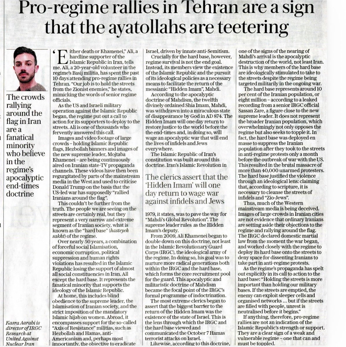 Those on Iran’s streets are not ordinary Iranians, but the regime’s small, ideologically extreme “hard base,” mobilised to control the streets—misread by Western media as “rally around the flag” unity. Their mobilisation reflects regime weakness, not strength. Me for <a href="/Telegraph/">The Telegraph</a>👇