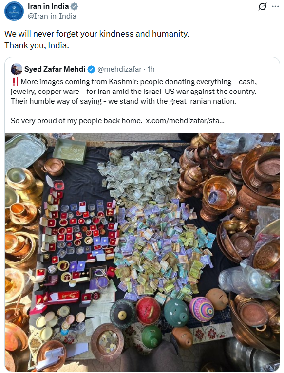 PTI_News's tweet photo. Embassy of Iran in India (@Iran_in_India) posts, "We will never forget your kindness and humanity. Thank you, India." https://t.co/oa8kygg52m