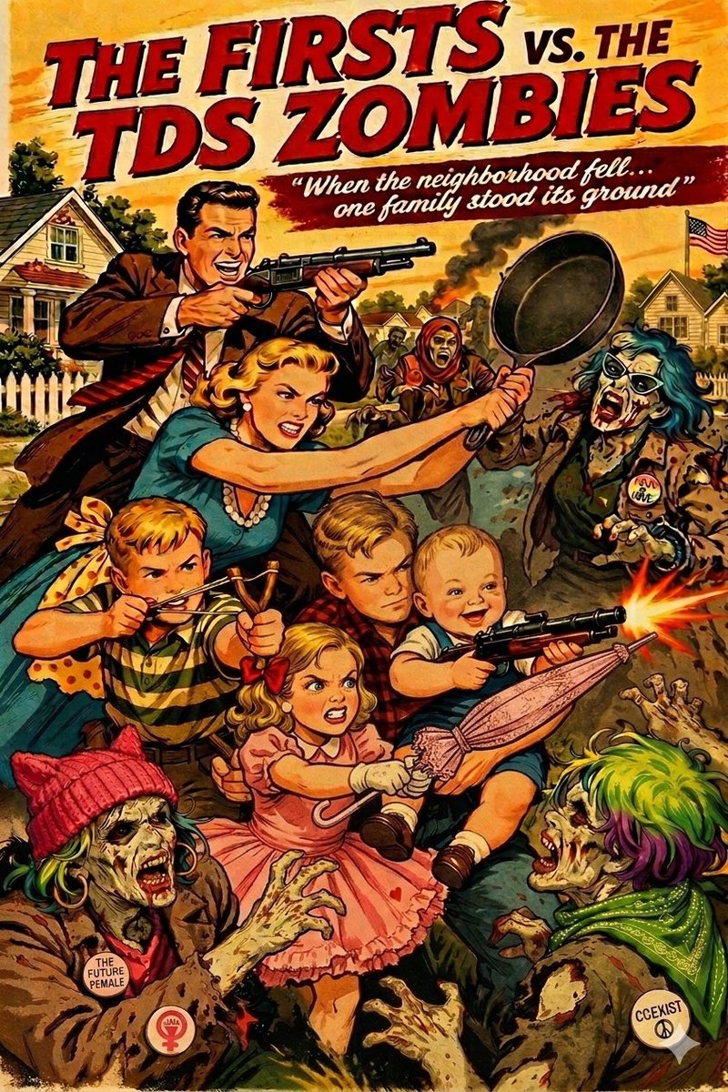 Sygelwynn's tweet photo. @GuntherEagleman TDS turns normies into foaming zombies overnight: rainbow pins, green haired feminists, keffiyeh rage, and a burning hate for happy families with guns.
  🧟‍♀️🔥

#TDSZombies #Stage5 @elonmusk #MAGA #AmericaFirst #TheFirsts #FamilyFirst https://t.co/YPuPA074Cf
