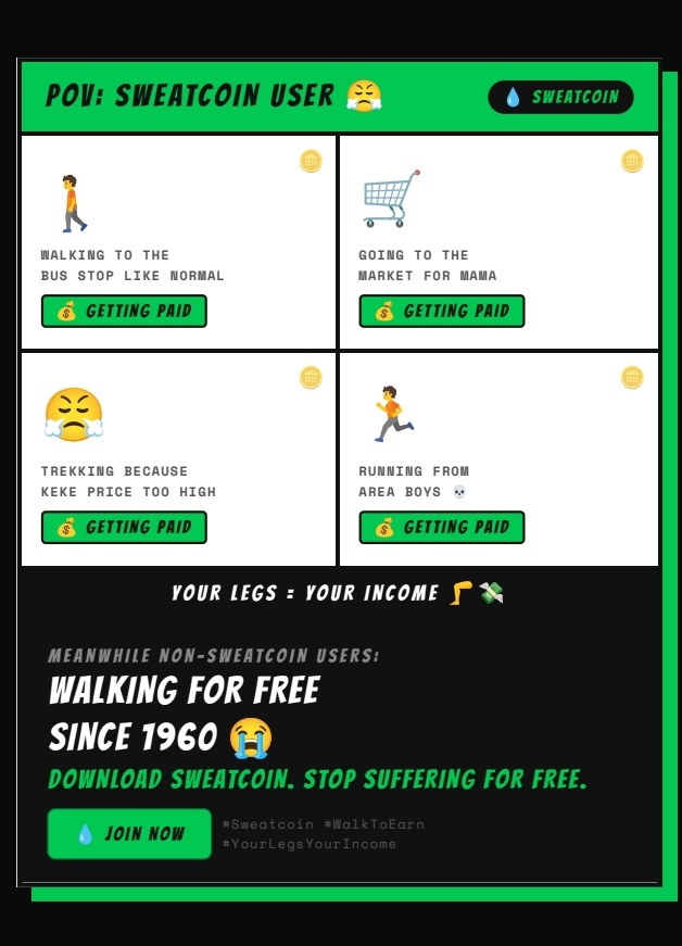 d_king223's tweet image. "Every Nigerian is already doing cardio daily traffic, market runs, trekking, running from area boys. Sweatcoin said let us pay you for it 😭💰 #Sweatcoin #WalkToEarn @Sweatcoin