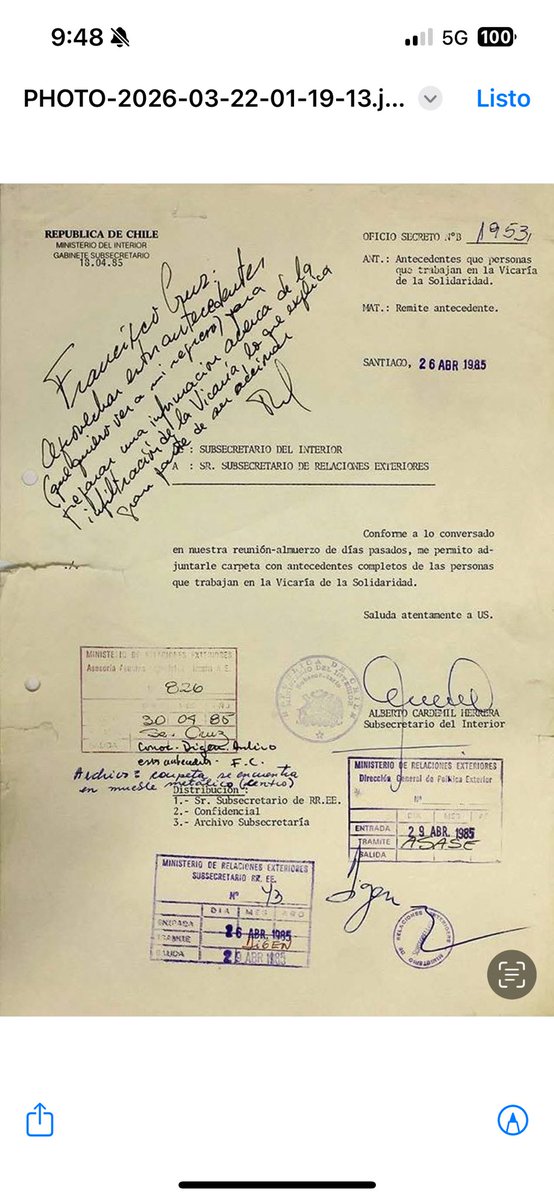 luis_toro_t's tweet photo. APARECIÓ DOCUMENTO CLAVE;
Así nos tenían identificados y vigilados  a todos a los funcionarios de la Vicaría durante la dictadura. https://t.co/gShxNhxbEO