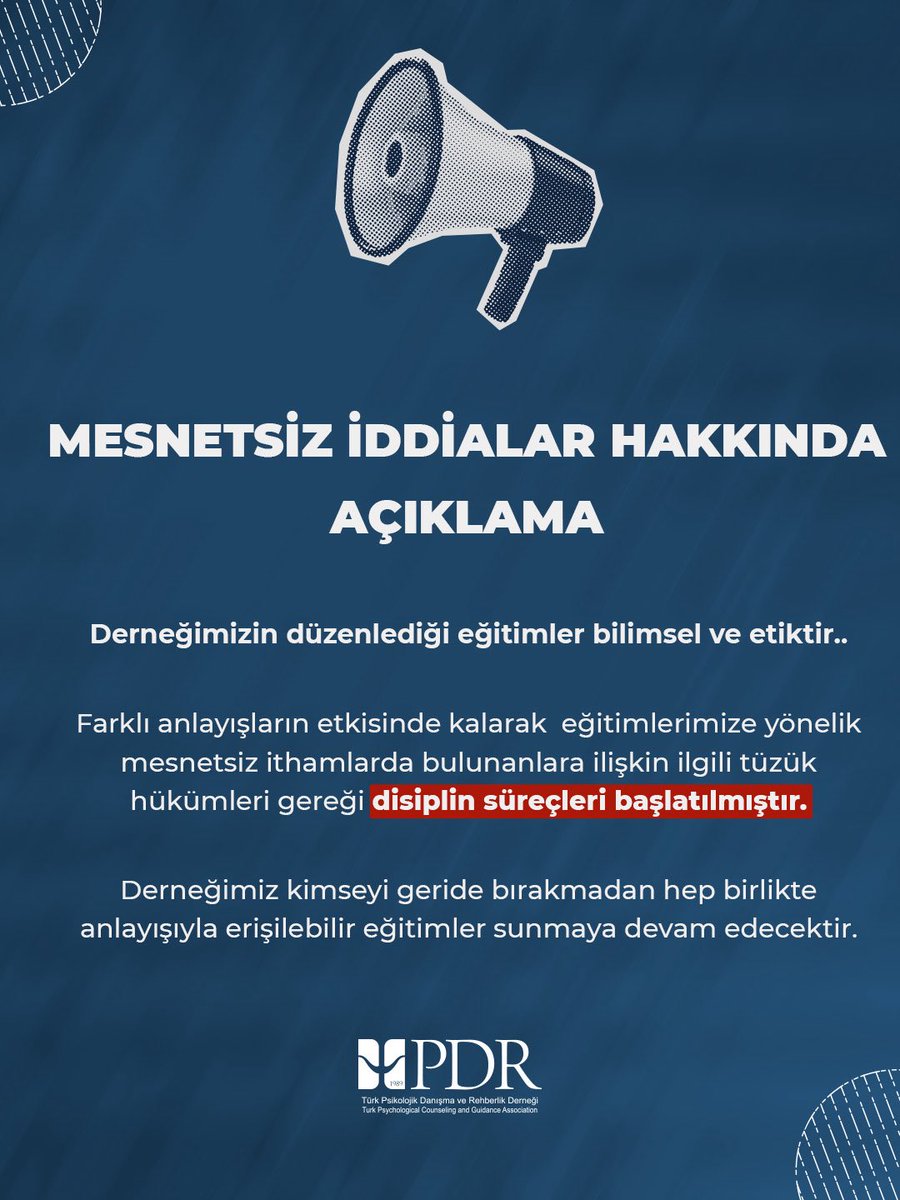 MESNETSİZ İDDİALAR HAKKINDA AÇIKLAMA

Derneğimizin düzenlediği eğitimler bilimsel ve etiktir.

Farklı anlayışların etkisinde kalarak eğitimlerimize yönelik mesnetsiz ithamlarda bulunanlara ilişkin ilgili tüzük hükümleri gereği disiplin süreçleri başlatılmıştır.