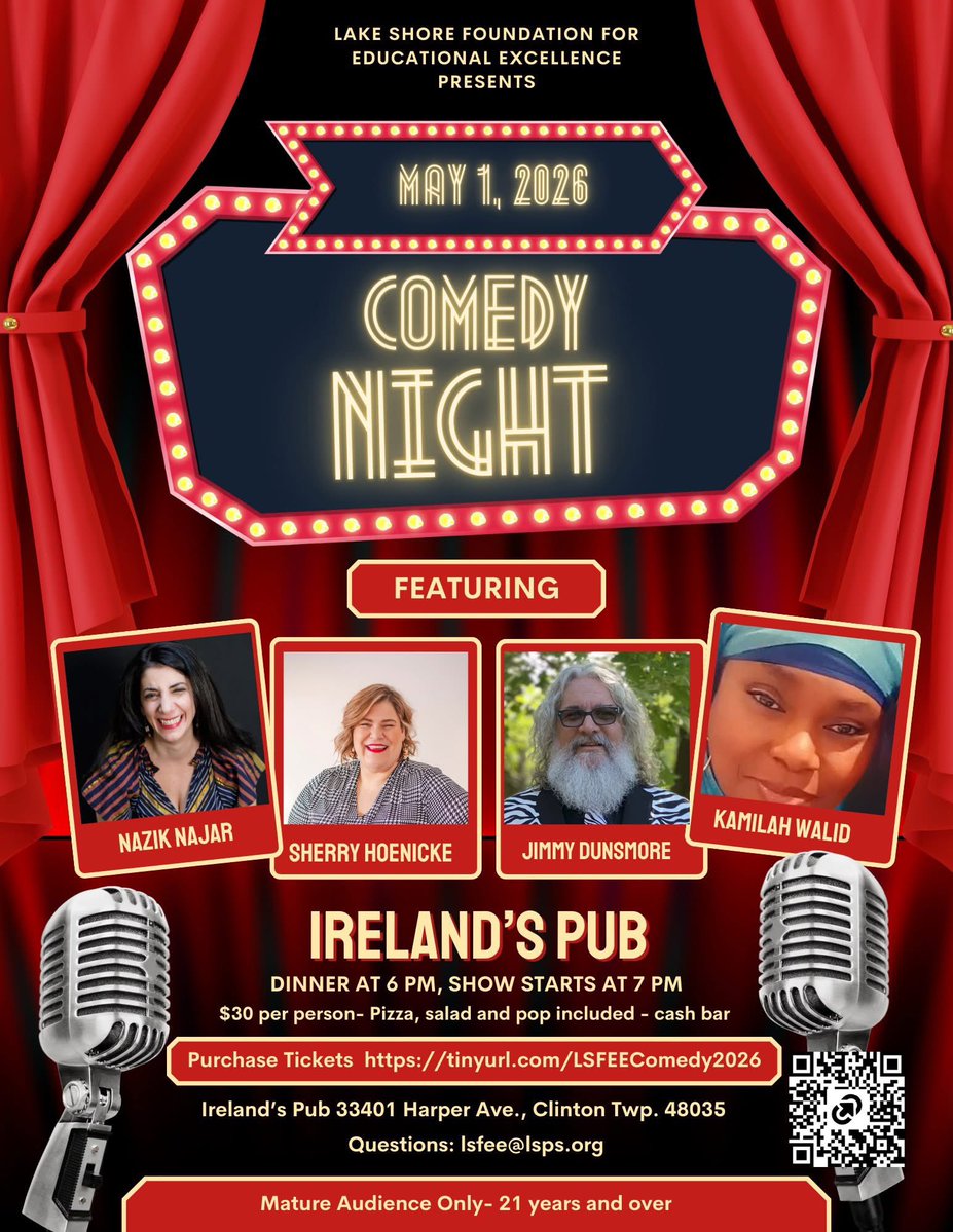 myLSPS's tweet image. 😂 Get ready to LAUGH for a great cause! 😂

The Lake Shore Foundation for Educational Excellence is bringing the FUN with Comedy Night on May 1, 2026! #myLSPS 

🎟️ Get your tickets now: tinyurl.com/LSFEEComedy2026