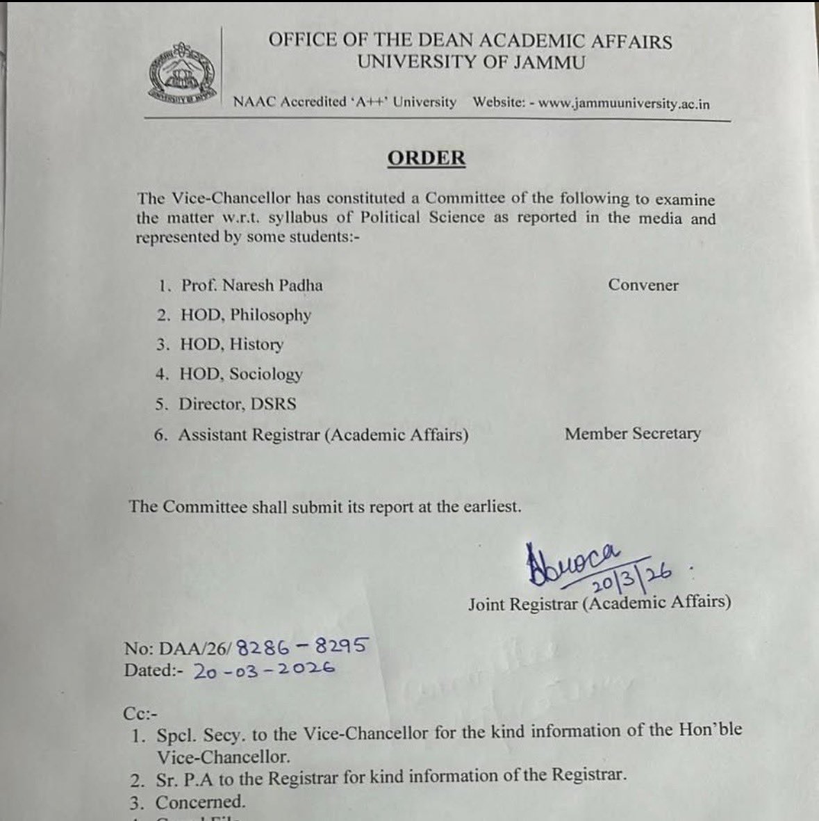 AdityaVgupta's tweet photo. University of Jammu forms a committee to review the Political Science syllabus on Jinnah without a single Political Science teacher in it. How can a syllabus be decided by those with no expertise in it. This is not reform, this is academic absurdity.

From Jammu university’s The Law School being headed by a Political Science teacher to decisions on political science syllabus  by Physics professor, is a “khichdi” system which is failing students and growth of Jammu on academic levels. 
@YouthJKPDP