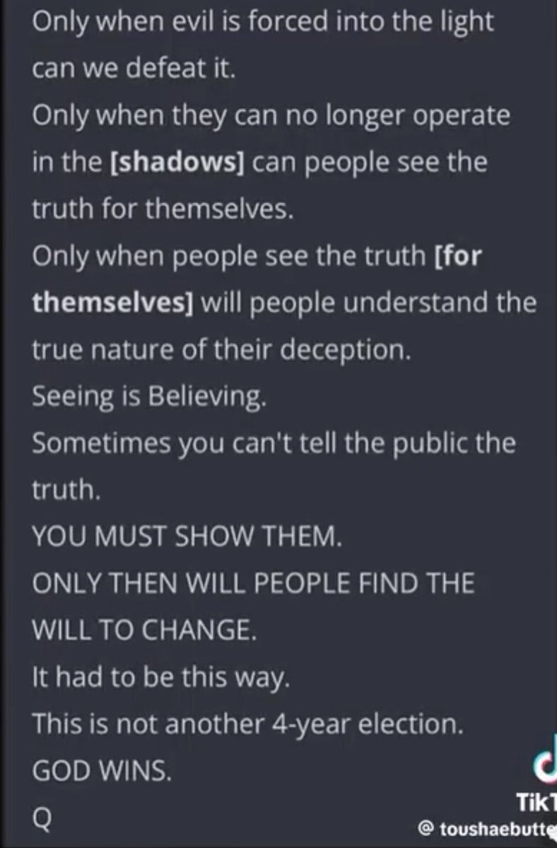 meganheat's tweet image. “Sometimes you can’t tell the public the truth. YOU MUST SHOW THEM. ONLY THEN WILL PEOPLE FIND THE WILL TO CHANGE. It had to be this way. This is not another 4 year election. GOD WINS. 🙏
#Ncswic
#wwg1wga