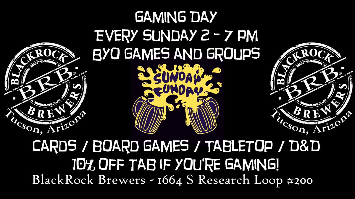 10% off your tab for gaming, 10% off growler fills - Its Sunday! Open 2 to 7.