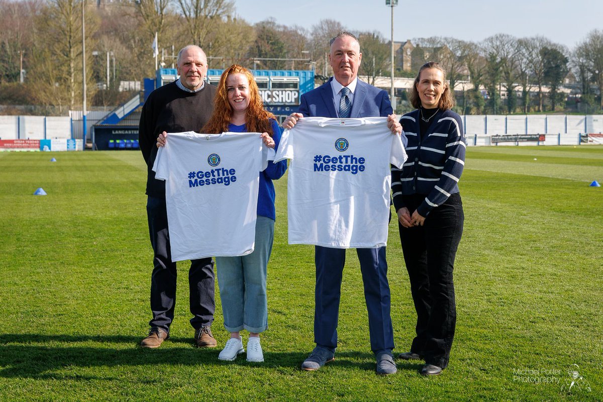 LancasterCityFC's tweet photo. Yesterday, we were Proud to welcome Lancashire's PCC Clive Grunshaw to Giant Axe today as our players show their support for #GetTheMessage - asking men and boys to reflect on how their behaviour affects how safe women and girls feel. https://t.co/LEO2eZGEn8. https://t.co/SoOB52hnfF