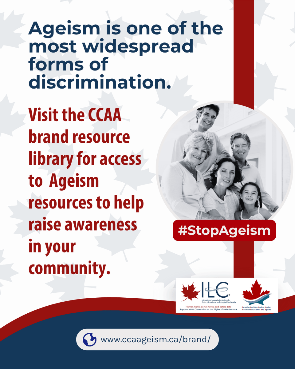 ILCCanada's tweet image. Ageism is one of the most widespread forms of discrimination. 💡

Use our free resources to raise awareness &amp;amp; challenge ageism in your community.

👉 ccaageism.ca/brand/

IFAgeing niageing 
#EndAgeism #HumanRights #Aging #ILCC #CCAA