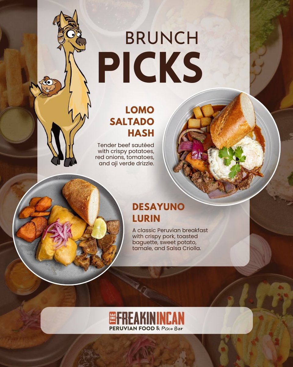 Sunday Brunch is here! 🍳 Join us from 11:00 AM to 2:00 PM for favorites like Lomo Saltado Hash and Desayuno Lurín. Pair your meal with fresh coffee or a brunch cocktail. See you at The Freakin Incan.

#TheFreakinIncan #SundayBrunch #RoswellEats thefreakinincan.com/events/new-sun…