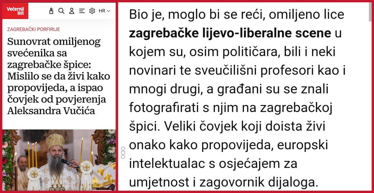 Autoru teksta, prvom 'peru' HND-a, Hrvoju Zovku, Porfirije Perić je 'omiljeni svećenik sa zagrebačke špice', koji ga je, eto, malo neugodno iznenadio postavši, kako kaže u tekstu, čovjekom od povjerenje srbijanskog diktatora Vučića. Jer, 'sveštenici' u Srbiji inače su poznati kao