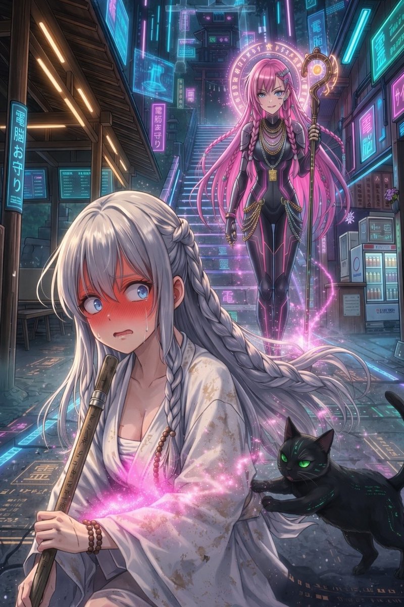 #九人九色展

🐱しゃるるさん会場に参加させていただきます🥈✨

七面山修行のはずが——

気づけば、
世界ごと“書き換わっていた”。

👧ミロクちゃん
「……えっ、ここ…どこなのじゃ❓」

石段はネオンに染まり、
祈りは電脳に置き換わる。

そして——

👧「なんか、変な感覚なのじゃ…」

胸の奥から、