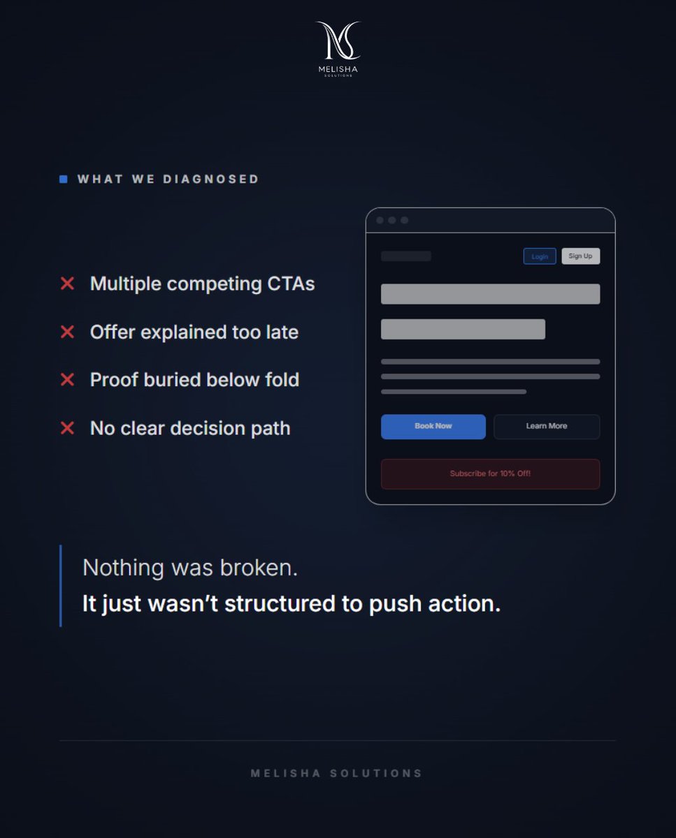 Melisha_Sol's tweet photo. A business told us:
“Our website is fine.
It’s just not growing.”
Nothing was broken.
It just wasn’t structured to drive decisions.
Stagnation is structural.
We’re offering a few free custom strategic website concepts this month.
Reply “website” if you want one.
#WebDesign #SEO https://t.co/MsjRggre9H