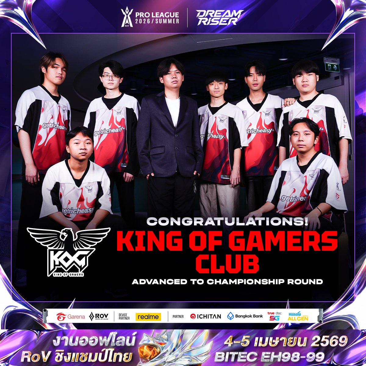 ขอแสดงความยินดีกับทีมอินทรีดำ 🦅King of Gamers Club

สร้างประวัติศาสตร์ผ่านเข้ารอบ 4 ทีมสุดท้ายของการแข่งขัน RoV Pro League 2026 Summer🏆 รอบ Championship ในสายล่าง และเป็นการผ่านเข้ารอบ 4 ทีมสุดท้ายเป็นครั้งแรกในรอบ 7 ปีของพวกเขาอีกด้วย!

#RPL2026Summer #DreamRiser #RoV