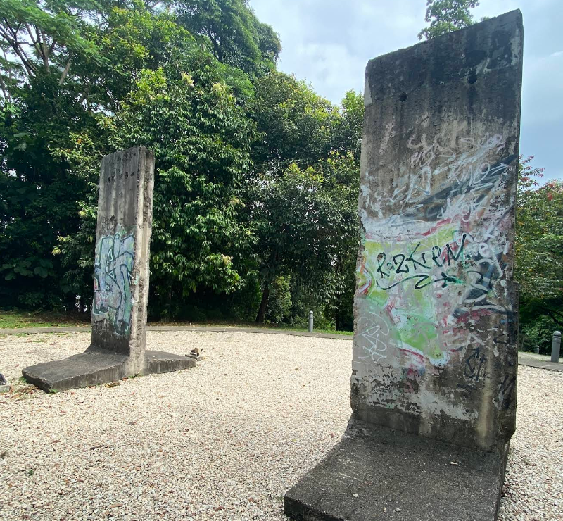 According to both NUS and The Wall Net, the two slabs at UTown are the only Berlin Wall segments currently in Singapore. 
The fragments are at NUS University Town, in the garden behind Tembusu College, on a small hillock reached by a tiny path.
#Singapore #Berlin #History