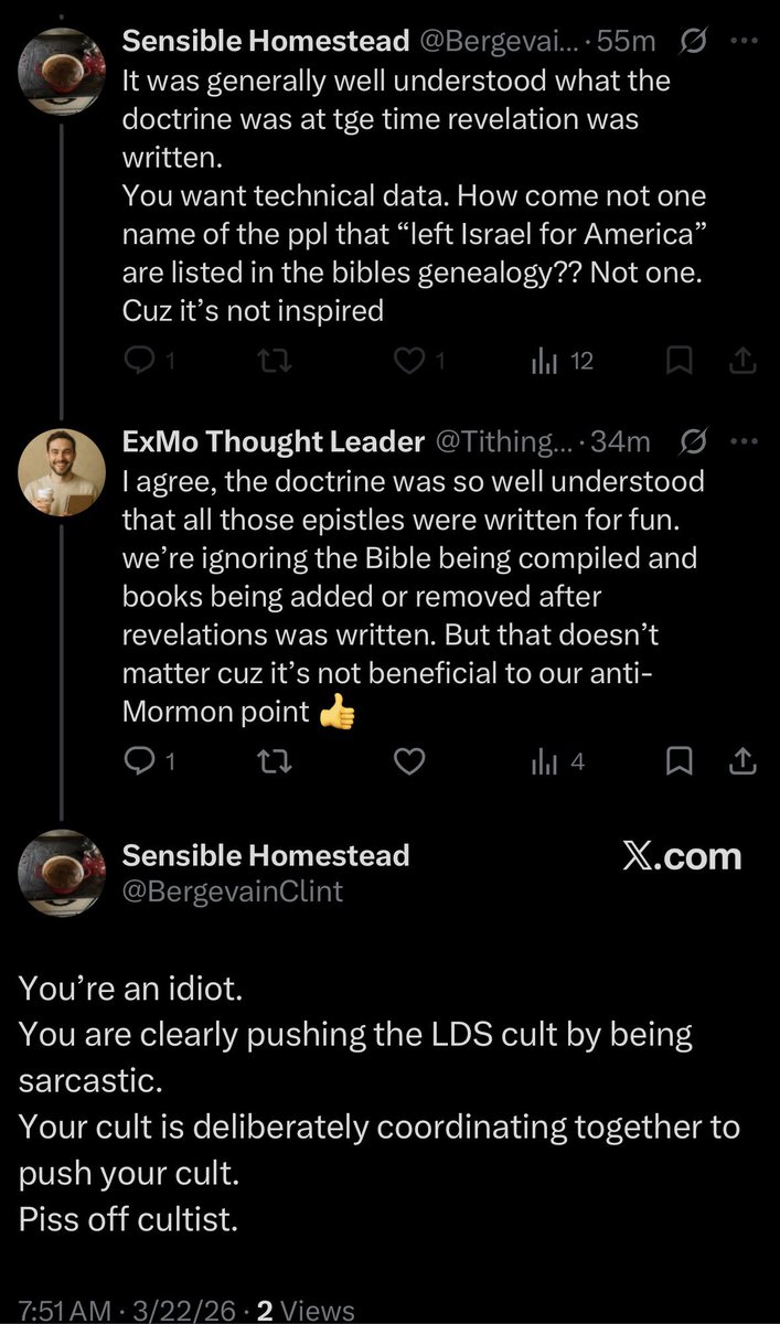 TithingRefund's tweet image. I was having such a wonderful conversation with a fellow anti-Mormon and he blocked me for providing context that our #exmo side is notorious for ignoring. First John Dehlin and now Sensible Homestead. I need to see my Instagram therapist now
