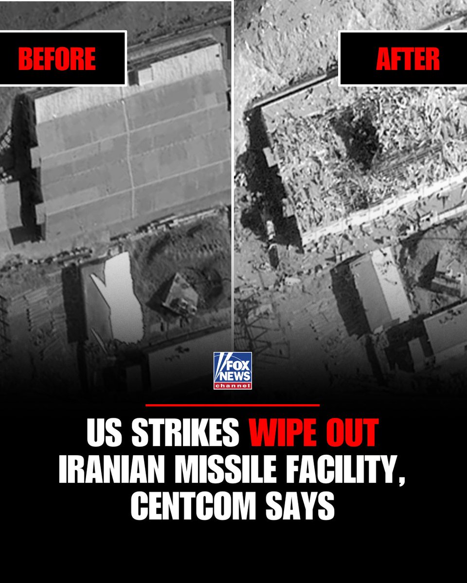FoxNews's tweet photo. ‘OUT OF COMMISSION’: CENTCOM releases before-and-after images showing the mass destruction of an Iranian missile facility following US strikes. https://t.co/DXWHbeixbU