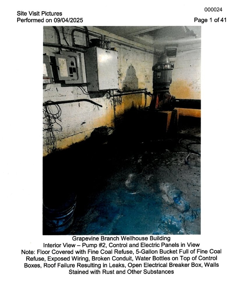 HollerGospel's tweet photo. These are the WV Public Service Commission's pictures of the City of Gary's water system. Their municipal water source is at the foot of a coal refuse impoundment. 2-4" of coal refuse lies in the well house. Their public water source is a permitted active mine site. #waterforwv https://t.co/3iLth9X0Dq