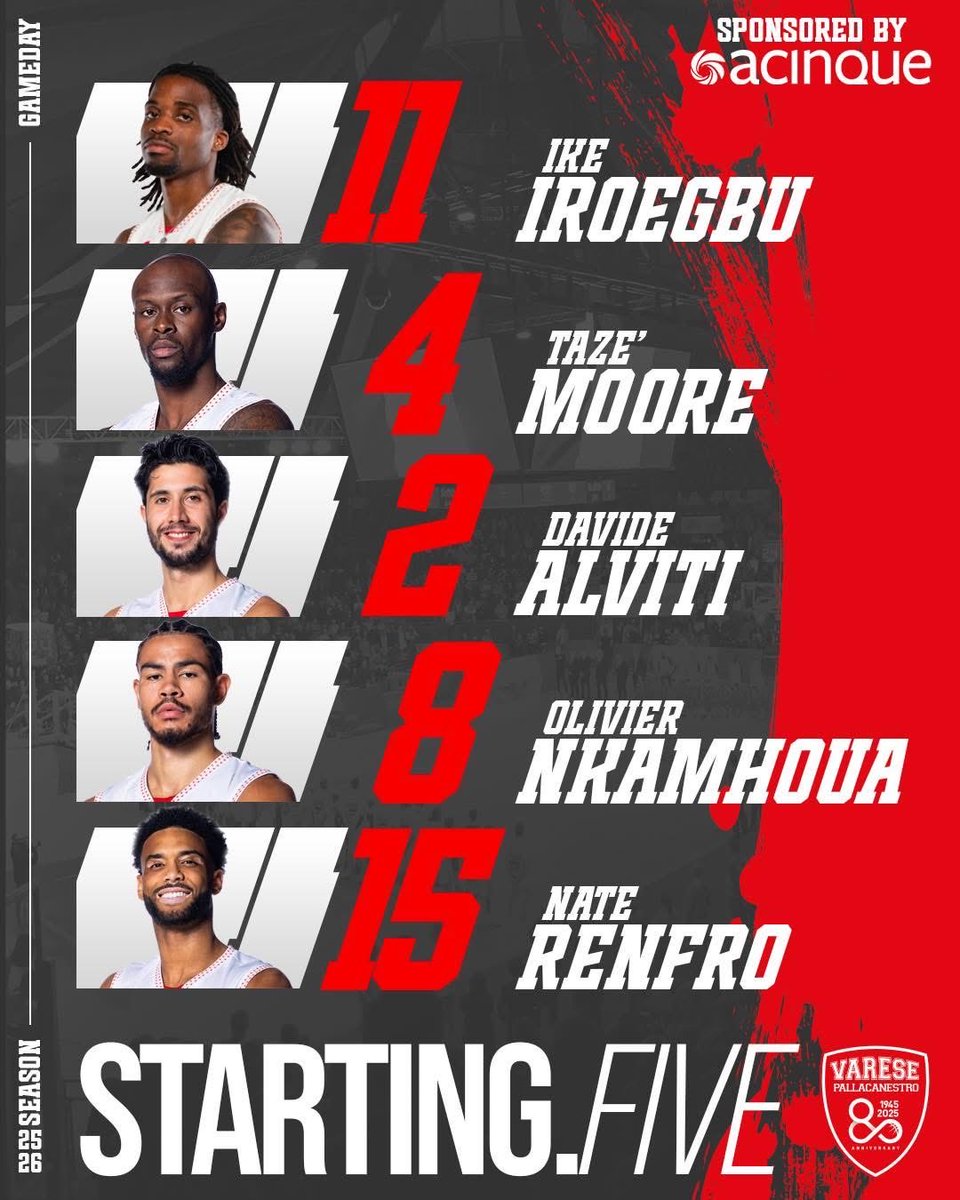 PallVarese's tweet image. I biancorossi stanno per scendere i campo a Napoli, ecco lo #Starting5 scelto da Coach Kastritis per iniziare la 23ª giornata di LBA 🏀

#NoiSiamoVarese