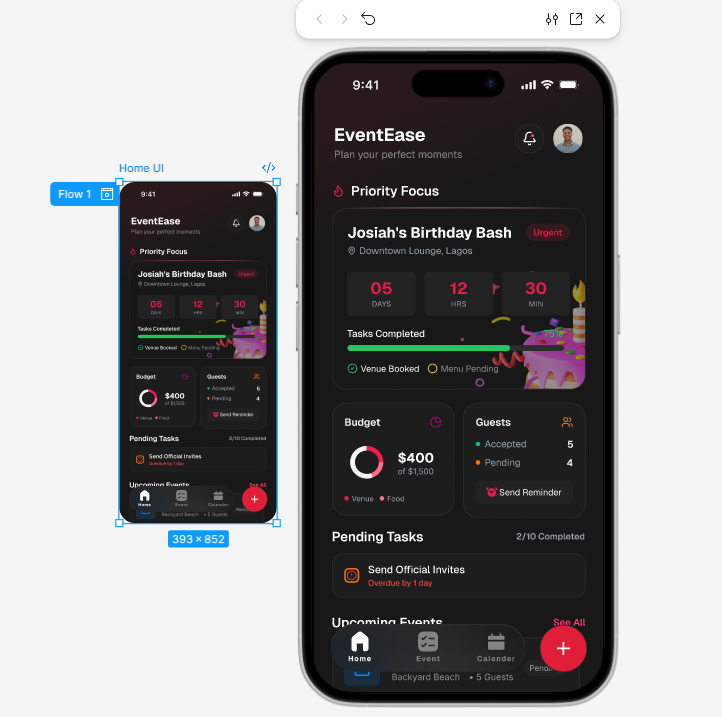 iamjuech's tweet photo. I saw a stunning UI on my feed and wondered: "Can I build this, but make it better?" 
. Here is  EventEase—an event management home screen design with grit. 
*Original design from my boss @AfolabiDewale https://t.co/UZfznnKiPB
