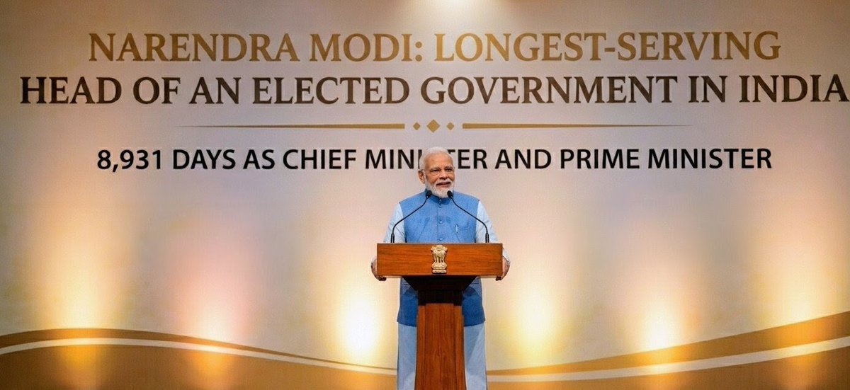 PM Modi spent 8,9131 days as head of an elected government in #India 
He is now longest serving head of an elected government in India.
As of CM of Gujarat - From Oct 7, 2001 to May 21, 2014
As of PM of India - From May 26, 2014 to till date