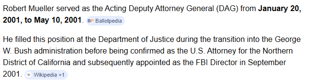ClimateAudit's tweet photo. don't forget that Mueller was also Acting Deputy Attorney during four months of incoming Bush administration in 2001.   So Mueller's knowledge of the hijackers in 2001 as Northern California US Attorney was also knowledge of the Acting Deputy Attorney General of the incoming Bush administration.

One of Mueller's important actions in this period was his re-assignment of the investigation of the Khobar Towers bombing in Saudi Arabia in 1996 from DC to EDVA.  DC investigators had declined to charge "Saudi Hezbollah",  based on questions about the information received from Saudi authorities.   Mueller transferred the investigation to EDVA to get a different answer.  A seemingly minor administrative act, but an act with a very long shadow.

At EDVA, the investigation was assigned to .... James Comey, then an AUSA.  Within six months, Comey indicted Saudi Hezbollah for the Khobar Towers bombing - rather than the alternative suspect Al Qaeda.  Who, by then, were also known for other bombings of US embassies.  To this day, this incident attributed to "Saudi Hezbollah" is a (questionable) outlier, while Al Qaeda was preparing much bigger plans.

One can scarcely help wondering whether the subsequent history would be different if Mueller and Comey had spent as much time investigating Al Qaeda for the Khobar Towers bombing in first half 2001, as they spent investigating "Saudi Hezbollah".