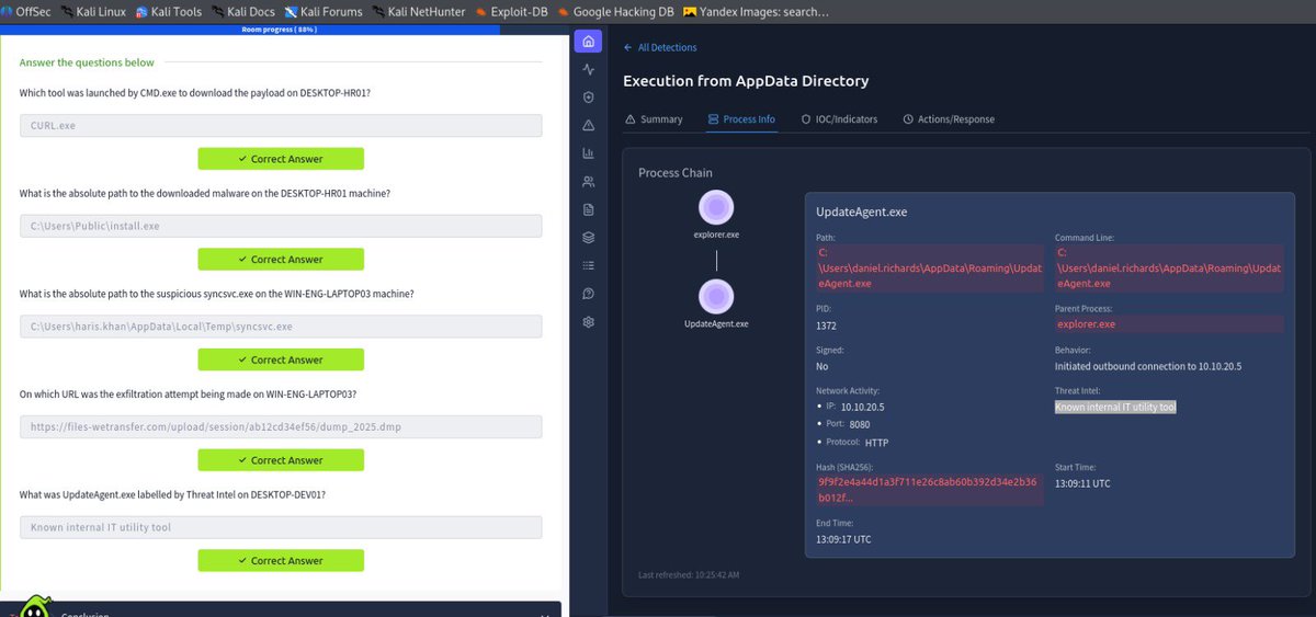 Bigops5's tweet photo. I finished the introduction to EDR today 
Learnt about how EDR detects threats using different techniques 
Also practiced triaging alerts as a SOC analyst using the available telemetry to decide which tool was launched, the path to downloaded malware 
#day14oflearning https://t.co/SlMyoqZsaS