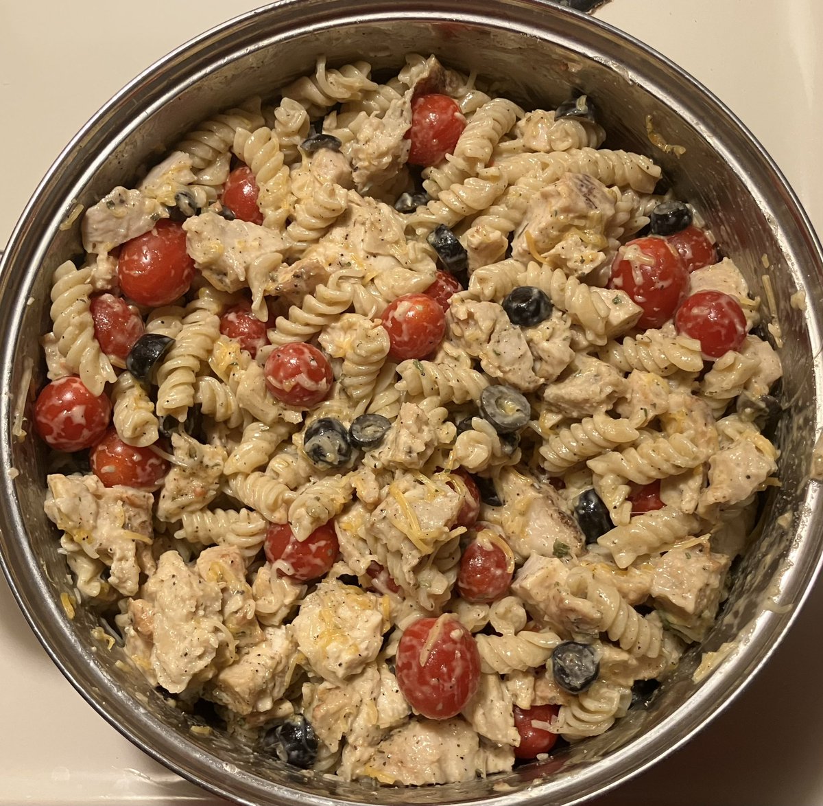 I made pasta salad consisting of: Southwestern seasoned pieces of ...