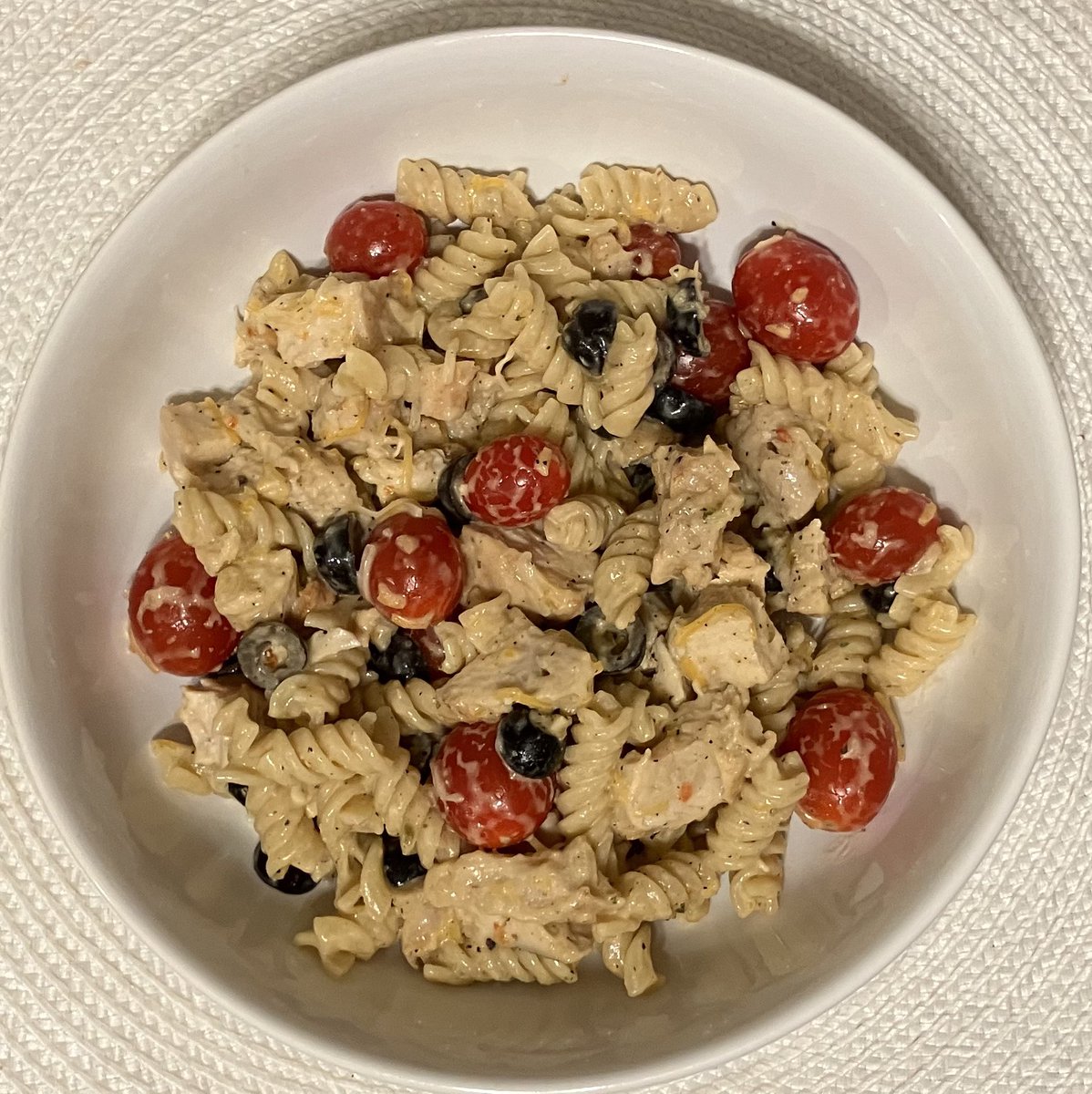 I made pasta salad consisting of: Southwestern seasoned pieces of ...