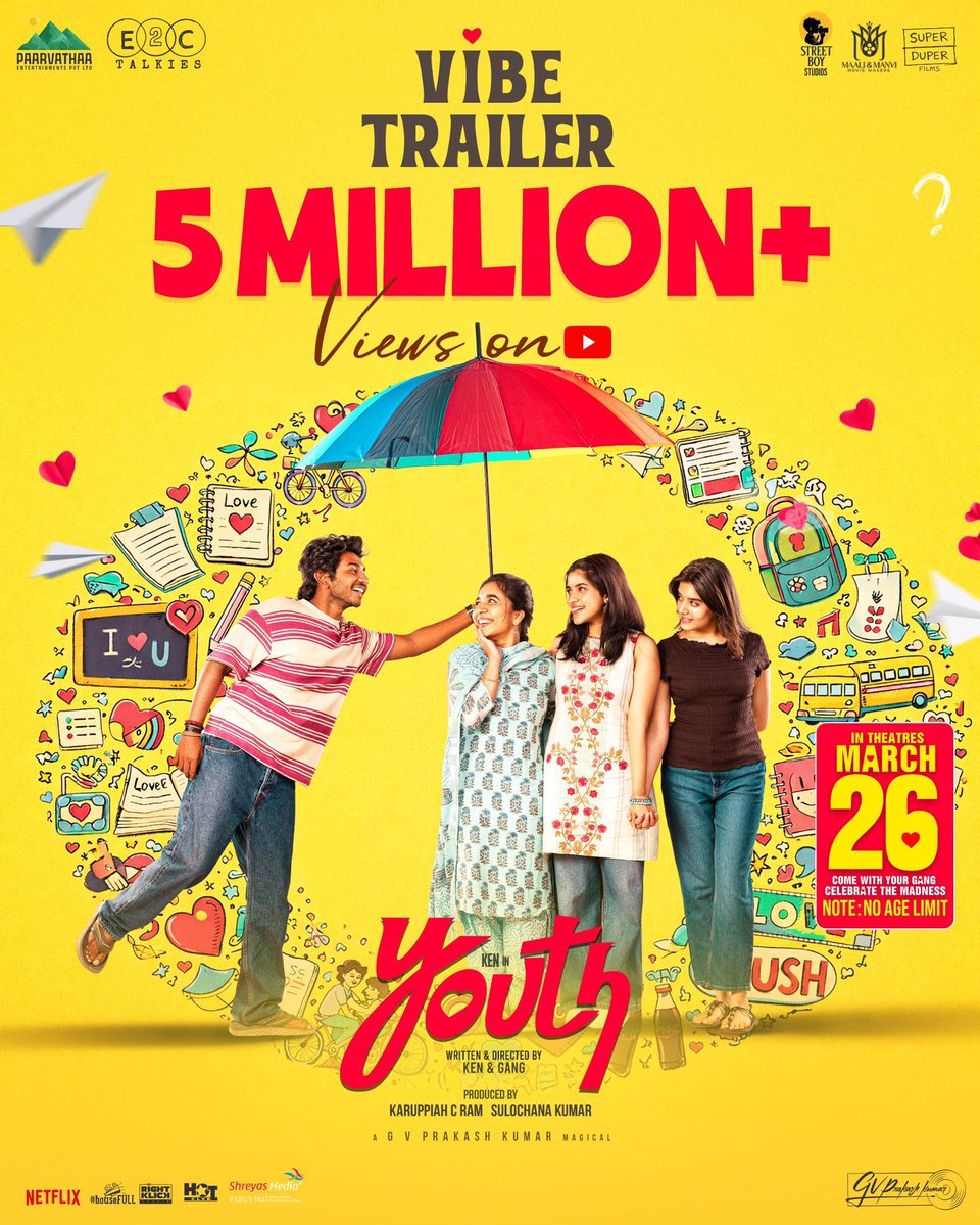 The #YOUTHVibeTrailer HITS 5 MILLION VIEWS 🔥

Madness just getting started! 😎💥

– youtu.be/VDfU3pLaGdg

#YOUTHTelugu Hitting the big screens near you this MARCH 26th 🤘

#YOUTHTeluguOnMar26 🕺

#YOUTH Telugu Release by <a href="/E2CTalkies/">E2CTalkies</a> 🎫