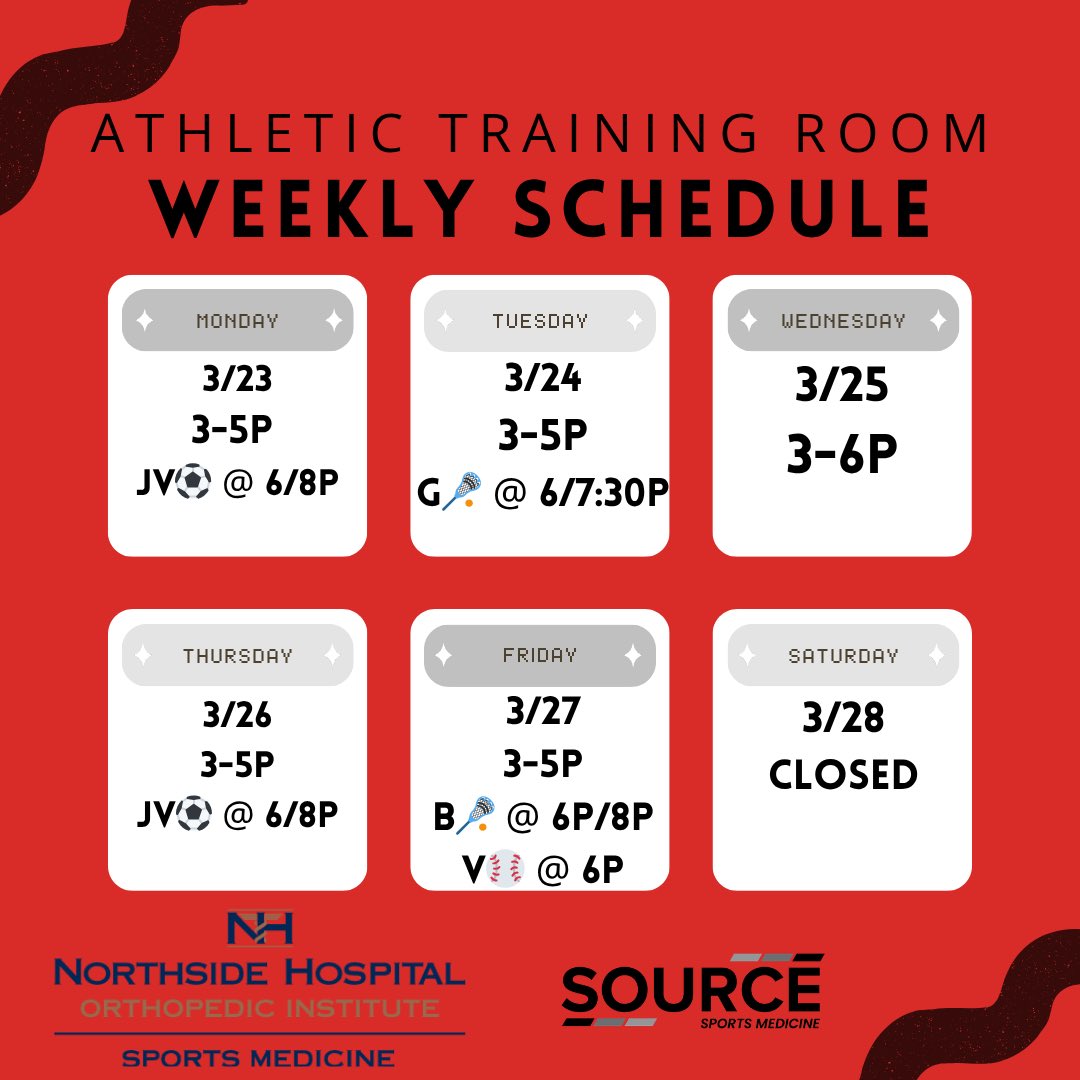 HornsSportsMed's tweet photo. Make sure to come see us during our treatment hours this week! Come check out our lacrosse teams at home this week! @SourceSportsMed @NorthsideHosp @LambertGirlsLax @Lamb_HornsAD @hornlacrosse 
@lambertsoccer https://t.co/KOxgv30zvB
