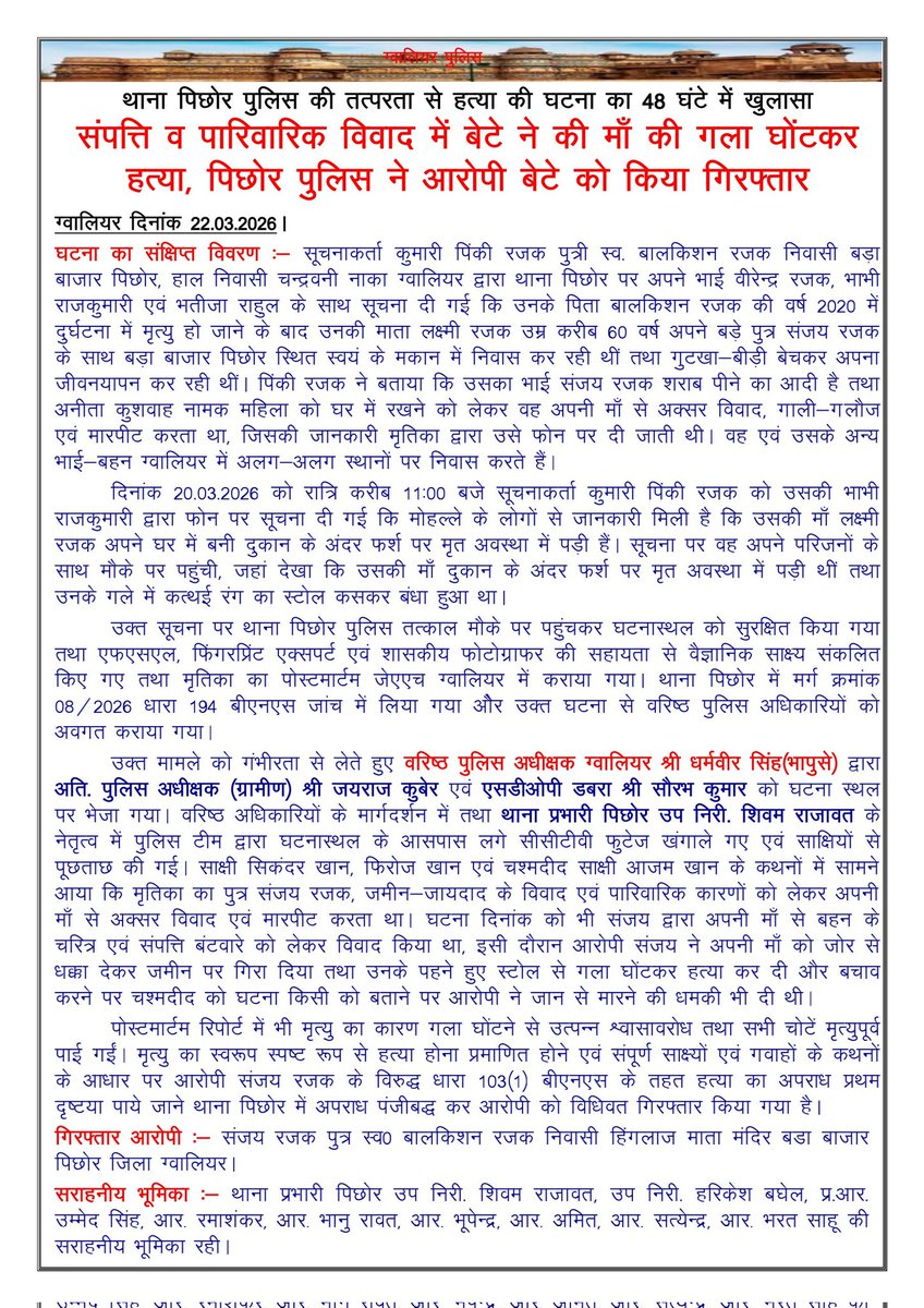 Gwalior_police's tweet image. ग्वालियर जिले के थाना पिछोर पुलिस की तत्परता से 48 घंटे में हत्या का खुलासा

संपत्ति व पारिवारिक विवाद में सगे बेटे ने माँ की गला घोंटकर हत्या की।
पुलिस ने वैज्ञानिक साक्ष्य, CCTV व गवाहों के आधार पर आरोपी संजय रजक को गिरफ्तार किया।

#mppolice 
#CrimeControl 
#QuickAction