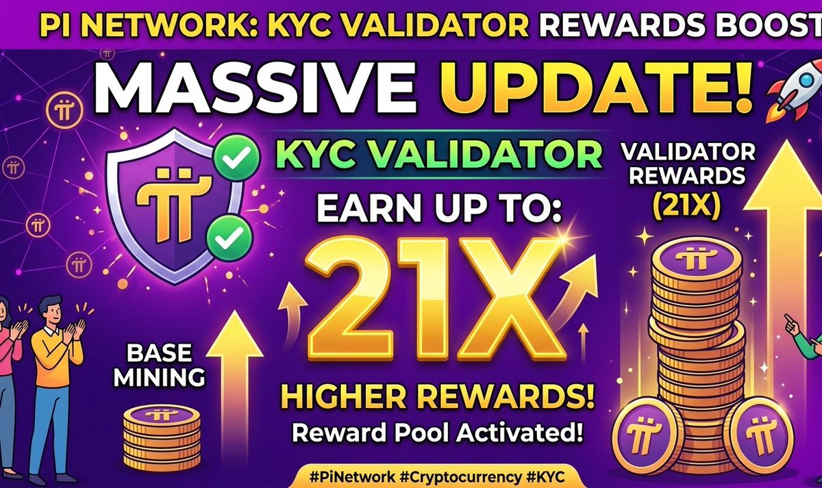 $Pi Network Update KYC Validator Rewards: 
The reward pool for KYC validators has been officially activated. 
According to reports, validators now have the potential to earn rewards up to 21x higher than their base mining rate.