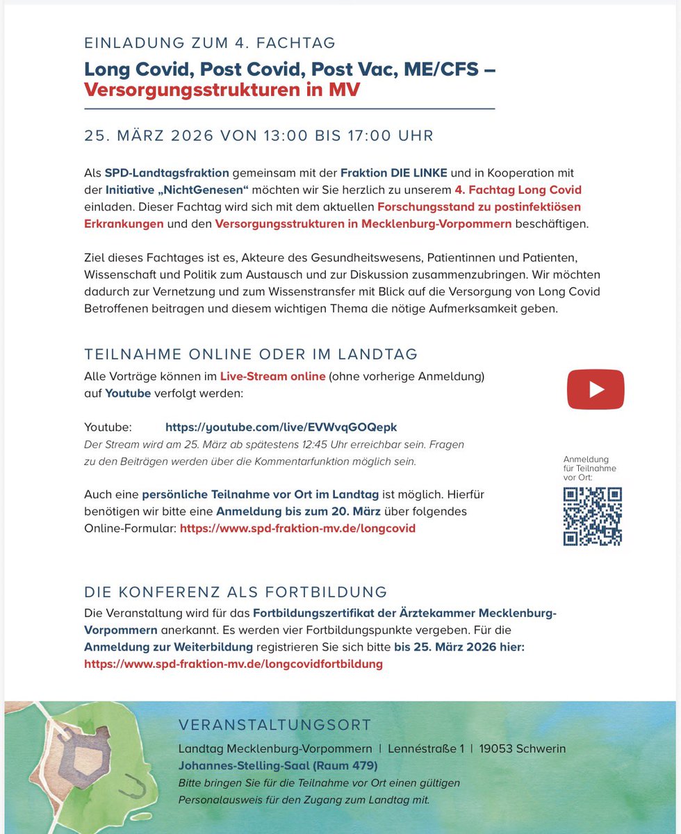 GrandeBettina's tweet image. 4. Fachtag
„Long Covid, Post Covid,
Post Vac, ME/CFS“
- Versorgungsstrukturen
in MV im Fokus-

(Hybrid-Veranstaltung)

25.03.26
von 13:00 BIS 17:00 UHR

#MECFS #PEM #NoGET #NoRehab #PEMistnichtverhandelbar 

Anmeldung zur kostenfreien Online-Teilnahme:

youtube.com/live/EVWvqGOQe…