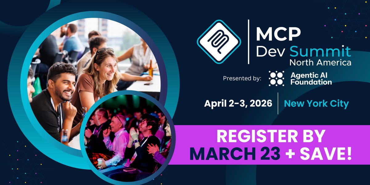 ⚡ 100+ sessions. Real implementations. Production insights.
Join us at #MCPDevSummit April 2–3 in NYC.
⏳ Last chance to save $400+ ends TOMORROW — prices go up after March 23.
👉 hubs.la/Q047PNnL0