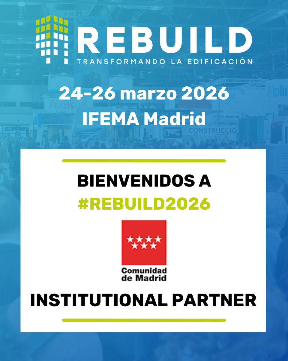 rebuildexpo's tweet photo. 📢 Estamos muy contentos de contar con la @ComunidadMadrid como Institutional Partner en #REBUILD2026. 

Si trabajas en #arquitectura o #construcción, este evento es para ti.

🎟️ Consigue tu ticket aquí 👉🏻 https://t.co/WHtcIrgTLQ

#ComunidaddeMadrid #Madrid #InstitutionalPartner https://t.co/rAcngoWJzk
