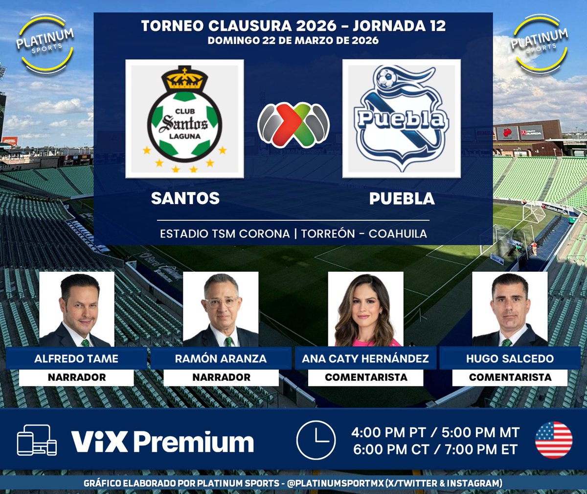 ⚽️ #LigaBBVAMX 🇲🇽 | #Santos vs. #Puebla 
🇺🇲📱💻 <a href="/VIX/">ViX</a> Premium 
🎙 <a href="/Tamedamus/">Alfredo Tame</a> 
🎙 <a href="/ramon_aranza/">Ramon Aranza 🪙</a>  
🎙 <a href="/AnaCatyHdz/">Ana Caty Hernández</a> 
🎙️ <a href="/Salcedo_Hugo/">#PorLasQueMueres⚽️</a> 

#ElMejorFutEnTUDN