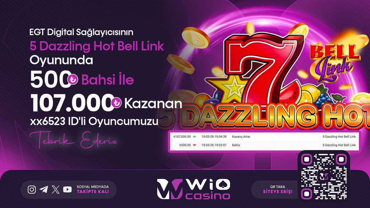 WioSocialTeam's tweet photo. 🔞 🔞🔞  EGT Digital Sağlayıcısının 5 Dazzling Hot Bell Linj Oyununda 🔞 🔞🔞

 ⚡️500 TL Bahis ile 107.000 TL Kazanan xx6523 ID'li Oyuncumuzu Tebrik Ederiz 💱

🔔 Sıradaki Şanslı Kişi Sen Olabilirsin 🔔 https://t.co/glgvfsQQPk
