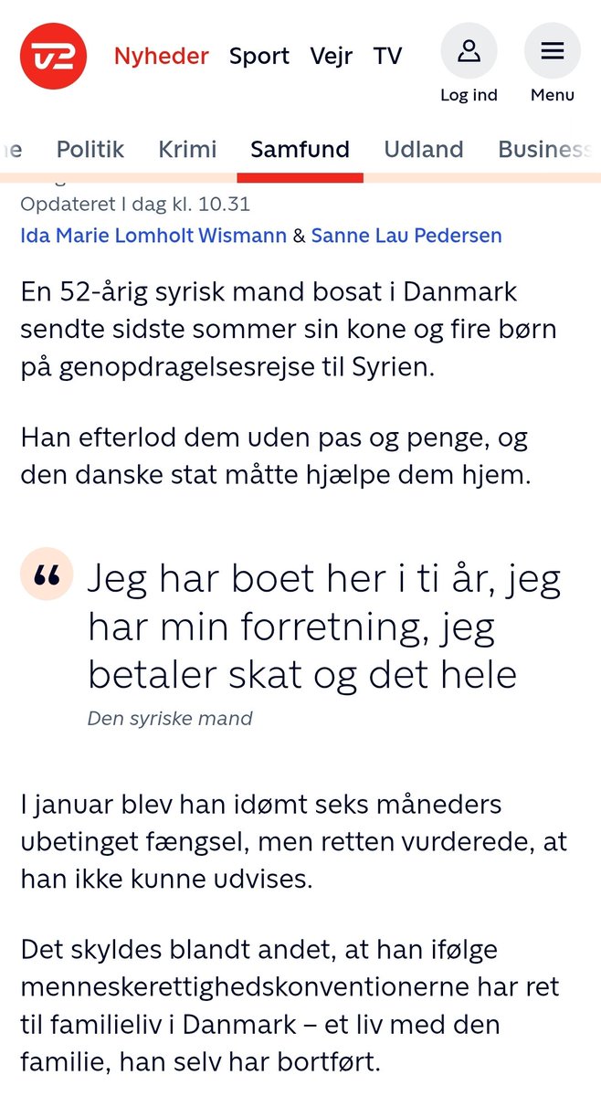 Den syrisk mand sender sin famillie til Syrien på genopdagelseejse - kone og børn.

Men han kan ikke udvises for det, fordi det ødelægger hans famillieliv i Danmark.

Vi mister Danmark med et sæt konvationer, der ikke er beregnet til disse typer af mennekser❗️

#dkpol
#fv26