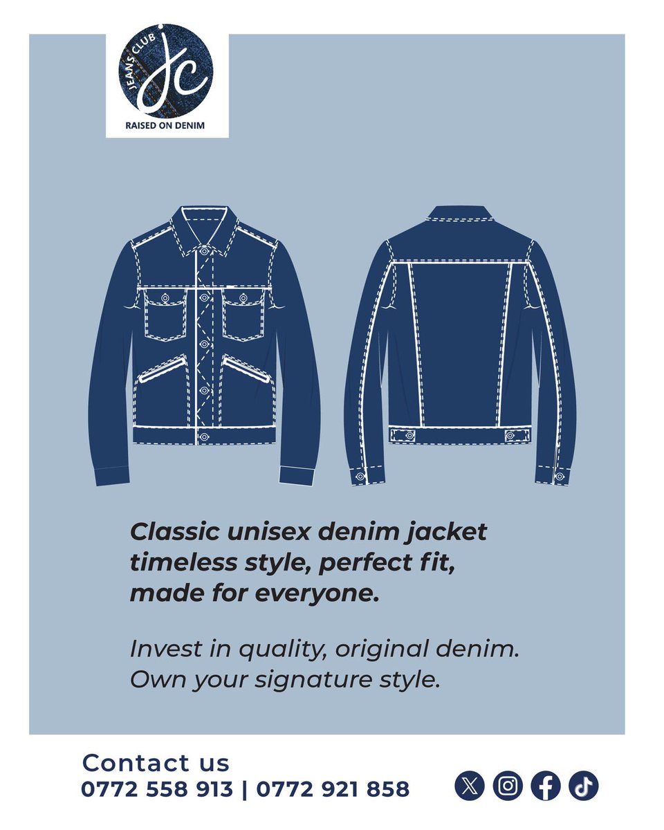 jeansclub_ug's tweet image. 👖 Classic Unisex Denim Jacket 👖
Timeless style, perfect fit, made for everyone ✨
Level up your wardrobe with quality, original denim. Own your signature look.
👋 Visit Jeans Club today and try yours on!
#JeansClubUG #DenimVibes #UnisexStyle #ClassicJacket #SignatureLook