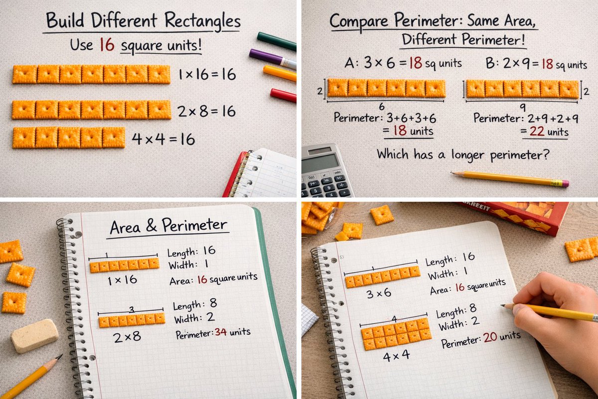 JohnVossen17212's tweet photo. Each cracker represents one square unit. Students can build rectangles (like 3 rows of 4) and then count the total to find the area. From there, guide them to connect what they built to the formula: length × width. https://t.co/3U18cSAnQe https://t.co/f4vvIDUVhD