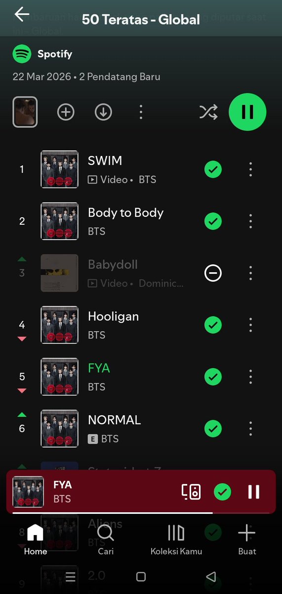 INDOMYSPOTIFY's tweet photo. Dear ARMY, kita punya "playlist spesial" made by Spo  yang berlaku 24 jam hingga chart terbit lagi besok malam dan minim filtering.
Yang punya akun Prem di apk Spo, manfaatkan playlist ini.
Jangan lupa non aktifkan autoplay + sembunyikan lagu non BTS.
Kalian bisa punya long playlist dgn menyalakan loop playlist ataupun shuffle biasa. Sistem  Spo akan memutar playlist seputar 14 lagu #BTS_ARİRANG saja.

INGAT: Cara ini hanya berlaku untuk akun Prem by apk Spo di HP .
Have fun with streaming, ARMY.
https://t.co/Yd3XyRAyr4.