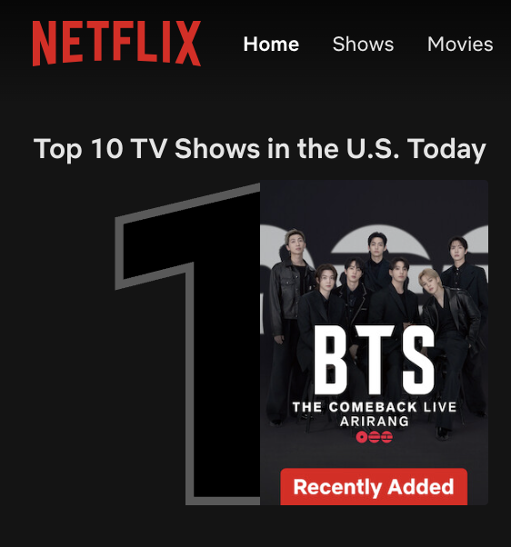.<a href="/BTS_twt/">방탄소년단</a>'s Comeback Live Arirang is #1 on Netflix's Shows in the US today!