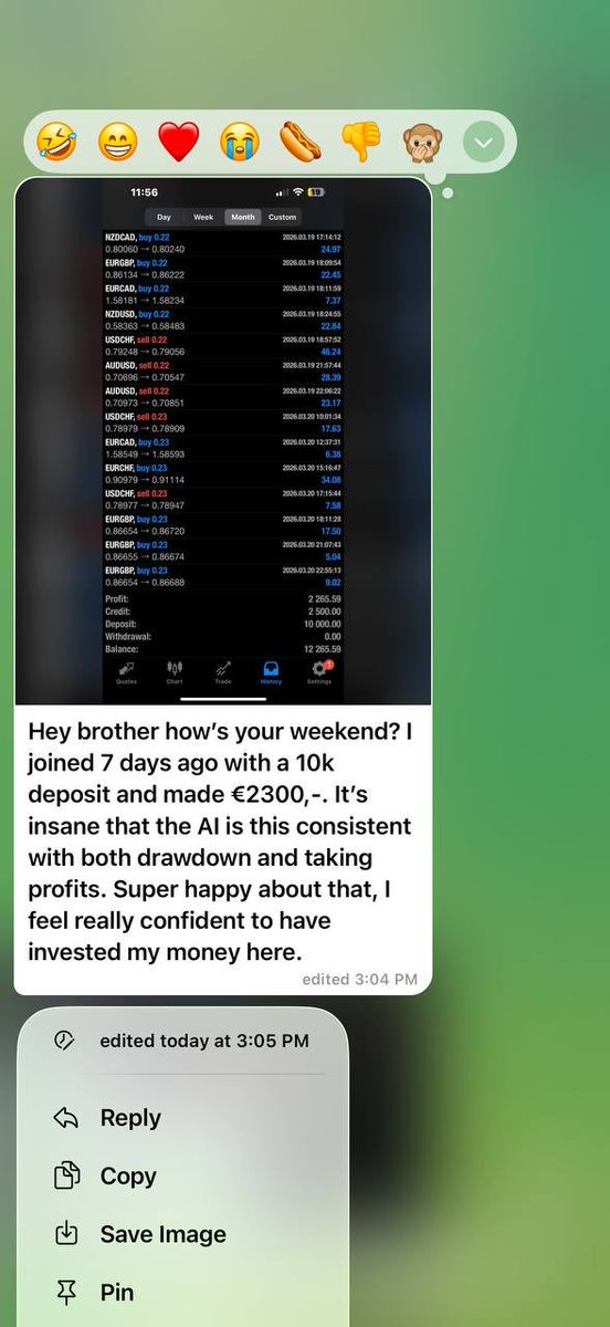 hz_nft's tweet photo. Here are some results from my Ai system from few of my members already making more than what banks make them per year from having their money sat in their savings account. 

2 clients with 10k deposits and we have smaller accounts depositing as well, making 5% in a day to 40% in 2/3 weeks!