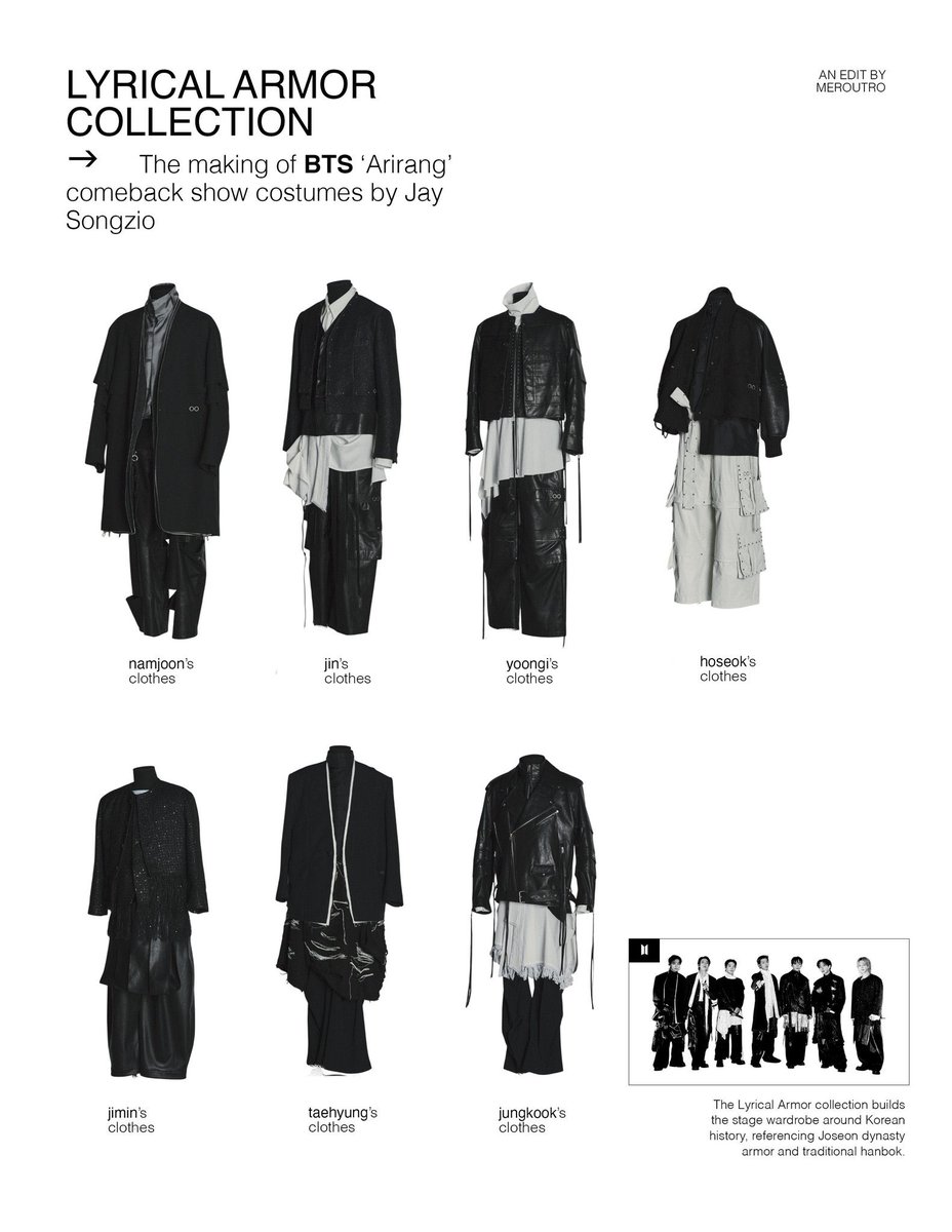 คอนเซ็ปต์ชุดคอนเสิร์ตคัมแบ็กของบังทัน

นัมจุน - ฮีโร่
พี่จิน - ศิลปิน
ยุนกิ - ผู้ออกแบบ/ผู้วางแผน
เจโฮป - ผู้ขับร้อง
จีมิน - นักกวี
แทฮยอง - คุณชาย
จองกุก - ผู้บุกเบิก

ที่มา: pantip.com/topic/44025538