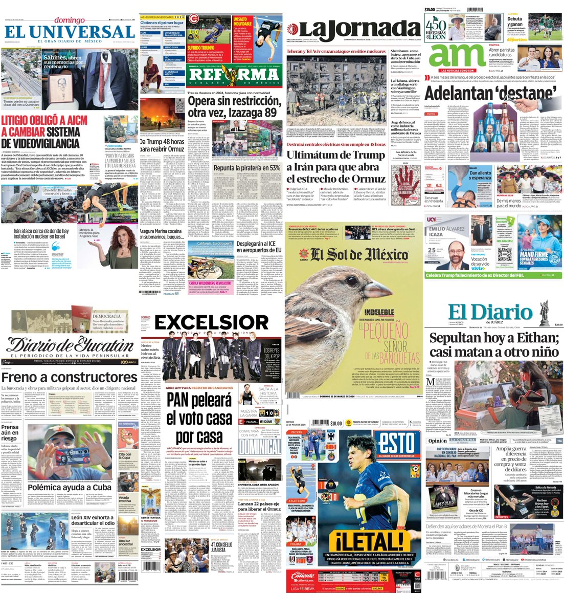 #PrimerasPlanas de los diarios más leídos en #México.
22 de marzo 2026.

Top 5 tendencias:
#AlwaysTogetherHEESEUNG 
#FairOpportunitiesForENHYPEN 
AARON MERCURY 
#DíaMundialDelAgua 
#FelizDomingo