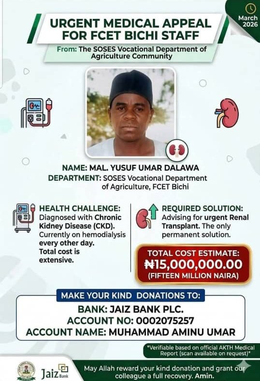 Dear <a href="/BashirAhmaad/">Bashir Ahmad, OON</a> <a href="/abba_yusufbichi/">Abba Yusuf Bichi</a> <a href="/CaptJamyl/">Sky Danfo Driver 🛫 (Capt. Jamil)</a> <a href="/whitenigerian/">Mohammed Jammal</a> <a href="/AM_Saleeeem/">My Deen My Swag 💫</a> 

We never thought it would be someone this close 💔
Mallam Yusuf Umar Dalawa, our neighbor and a lecturer, is battling chronic kidney disease.
A man who has always shown kindness to everyone around him