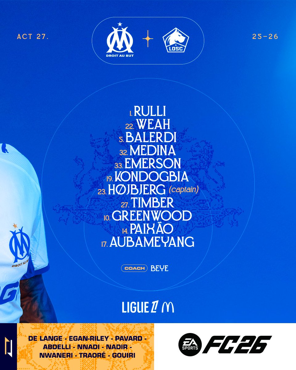 👥 𝗦𝗧𝗔𝗥𝗧𝗜𝗡𝗚 ⚔️ #OMLOSC

📝Voici le 𝗫𝗜 𝗱𝗲 𝗱𝗲́𝗽𝗮𝗿𝘁 d’Habib Beye pour cette rencontre face à Lille ! 💪⚔️