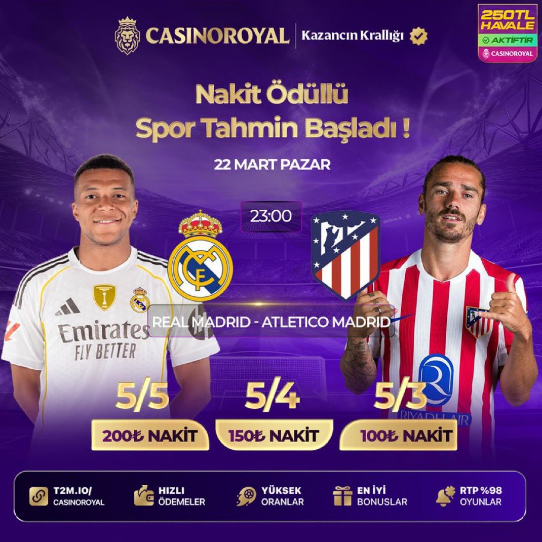 csnroyaltr's tweet photo. 💸200TL KAZANMANIN YOLU ! 

⚽️REAL MADRİD - ATLETİCO MADRİD

❗️Son işlem minimum 1000TL yatırım olmalıdır. 

500 ORAN YAKALA, 750.000₺ ÖDÜLÜ KAP!

ETKİNLİĞE KATIL (https://t.co/uc4un9TUIu) https://t.co/3SYZebTJx1
